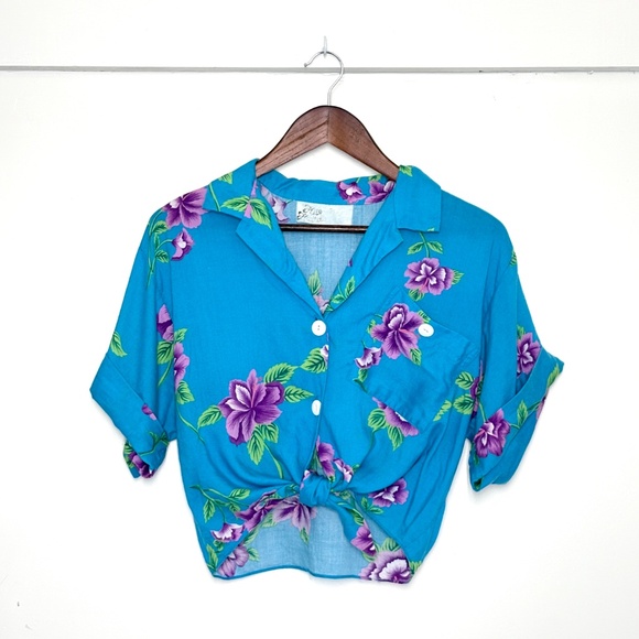 VTG Made in Hawaii Crop Top Hawaiian Button-Up Tie Shirt Blue Floral - Picture 1 of 5